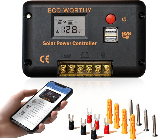 ECO-WORTHY 30A Solar Charger Controller Solar Panel Battery Intelligent Regulator with Dual USB Port Auto 12/24V PWM Positive Ground for Lithium，Lead-Acid,Gel Battery